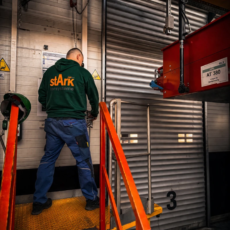 Servicetechniker arbeitet an einem Rolltor in einer Industriehalle